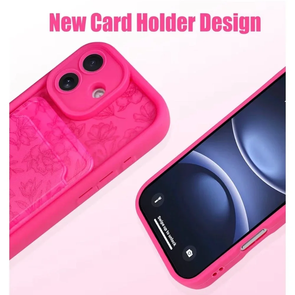 MZELQ iPhone‎ 16 Case Hot Pink Floral Embossed Wallet Card Holder TPU Cover 6.1